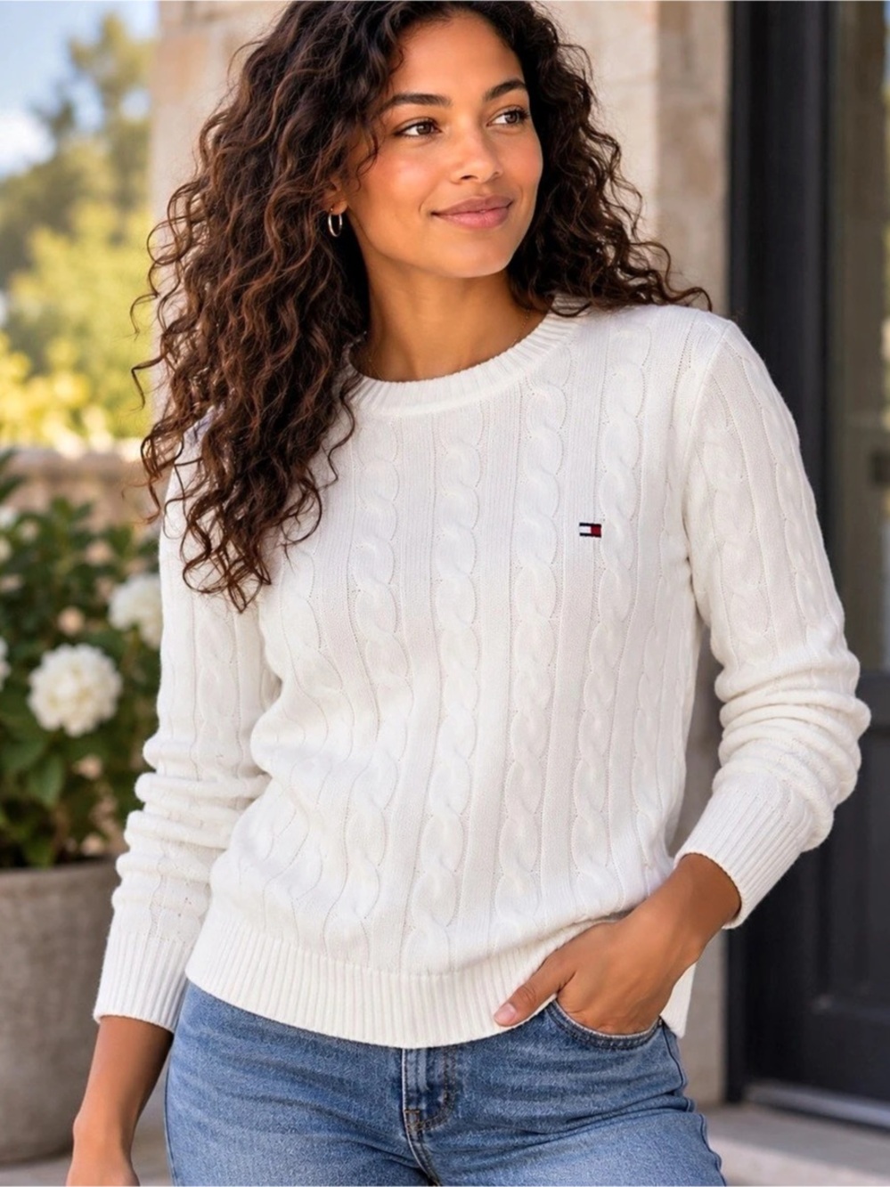 Tommy Hilfiger Cable Knit Crewneck Sweater White